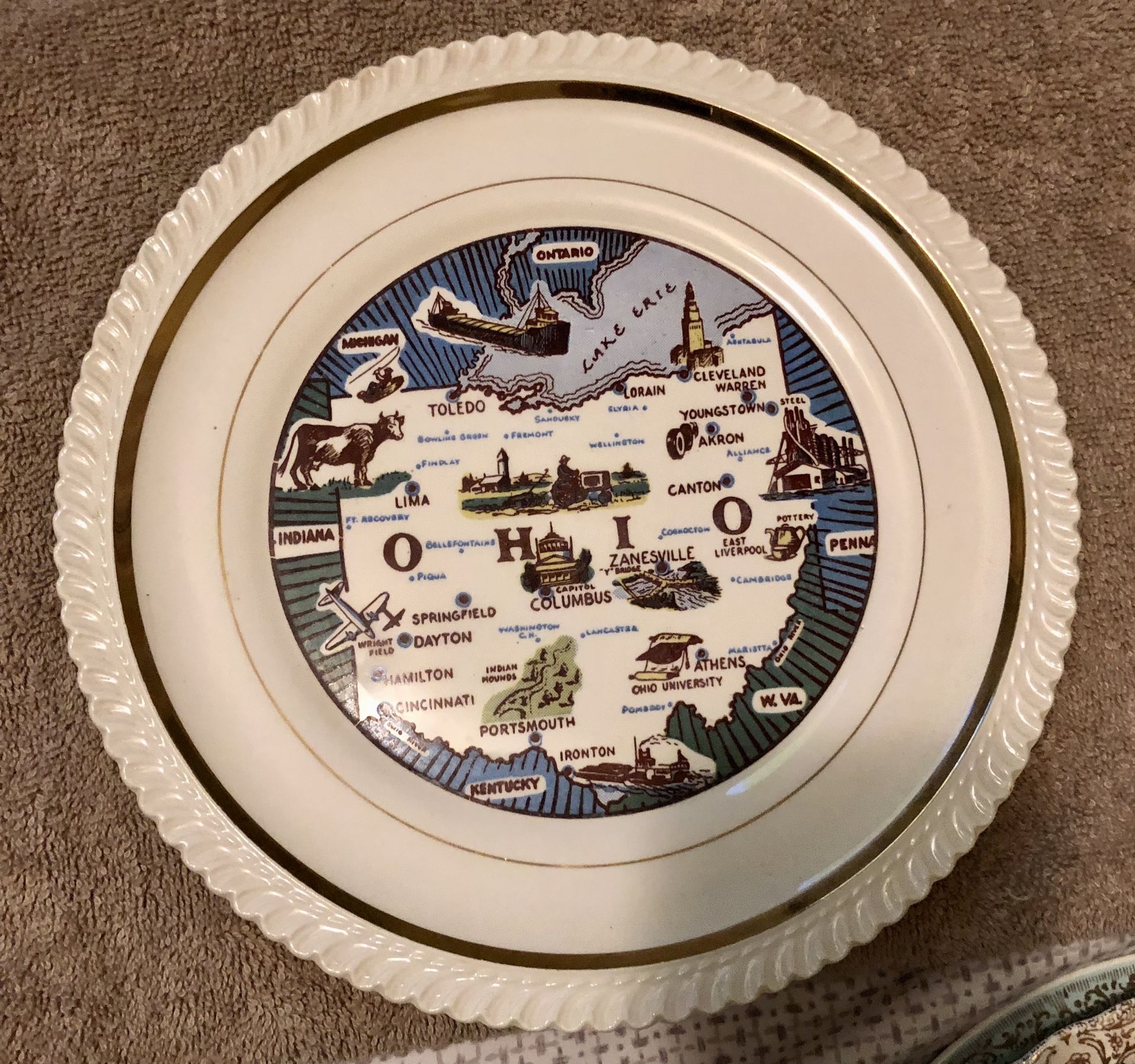 12” Diameter 24 K Gold Rimmed Vintage Ohio state Plate