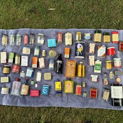 Box Of Old Tins, Bottles And Boxes. Old Advertising Items