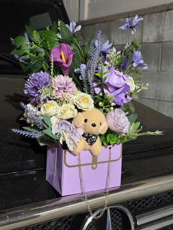 Purple Artificial Flower Arrangement with Plush Dog in Gift Box