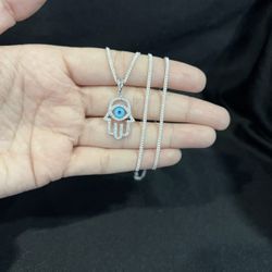925 Sterling Silver Womens Hamsa Hand Talisman Evil Eye Pendant & Curb Chain