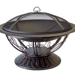 30" Wood-burning Fire Pit with Wood Grille and Dome Grille, Poker Included, Round, Antique Black