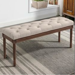 44" Bedroom Bench, Fabric End of Bed Bench, Upholstered French Tufted Ottoman Bench with Carved Dark Brown Wood Legs for Bedroom End of Bed, Living Ro
