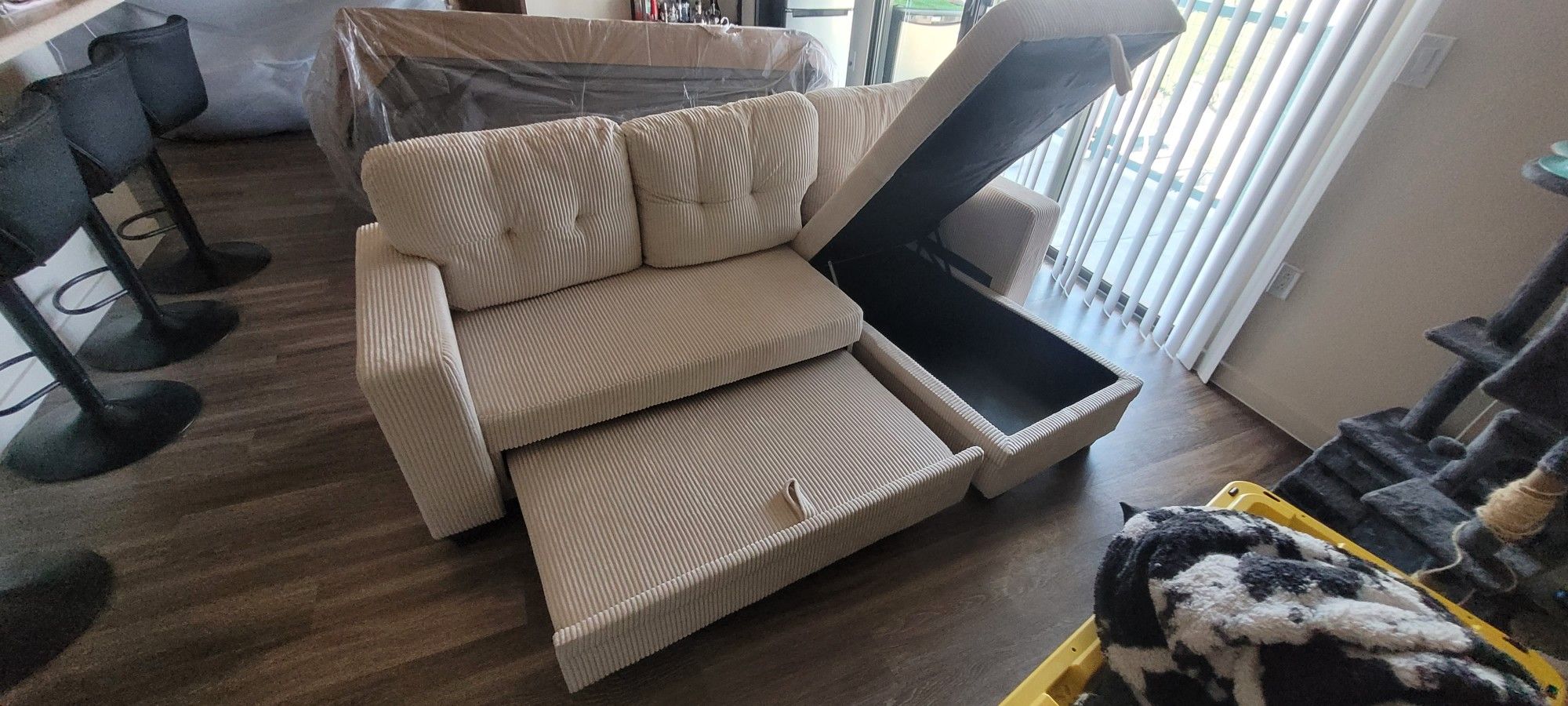 Flamaker Sleeper Sofa Bed with Storage Chaise L Shaped Sectional Couch 4 Seat Pull Out Bed for Living Room, Apartment, Office (Corduroy, Beige)