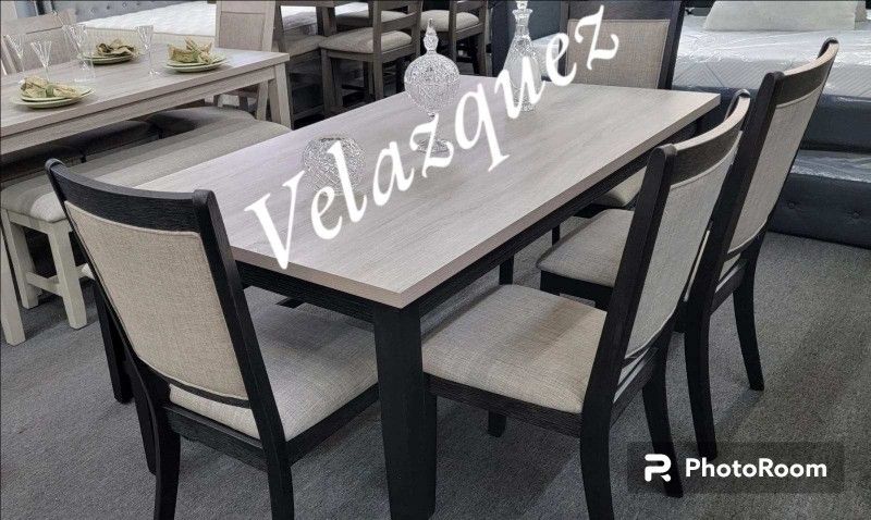 💥💥6 pc bridget ii two tone finish wood dining table set padded seat chairs and bench 💥💥