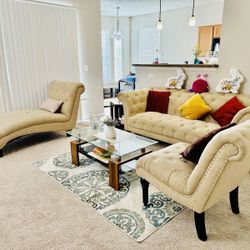 Modern Tufted Beige Sofa Set (3pc) + Glass Coffee Table 