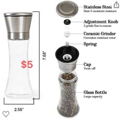 Gorgeous Salt And Pepper Grinder - Refillable Stainless Steel Shaker With Adjustable Coarse Mill - Enjoy Your Favorite Spices, Fresh Ground Pepper, Hi