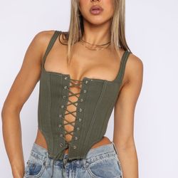 White Fox Boutique Khaki green corset top with adjustable lace up back Size Xs