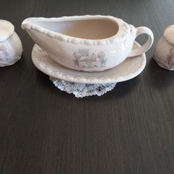 Precious Moments Salt  & Pepper Shaker & Gravy Boat & Plate