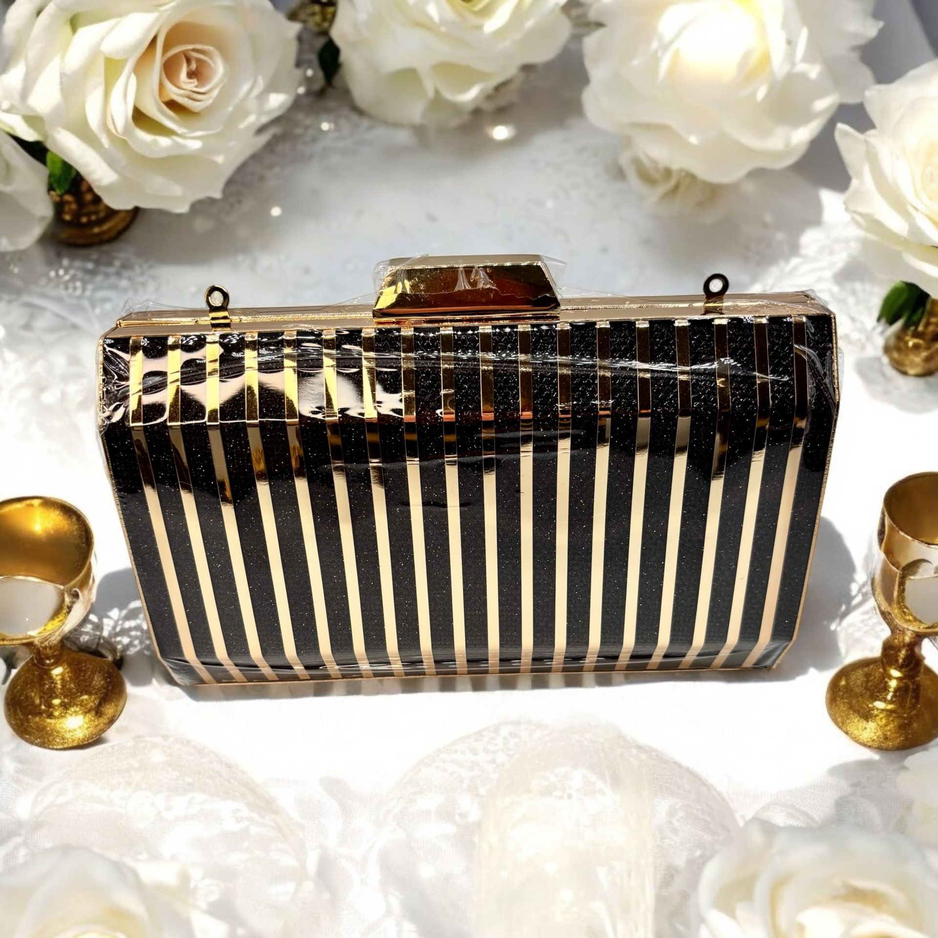 Sparkling Metallic Black with Gold Purse Clutch – A Unique Statement Piece!