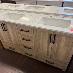 Tobana 60 in. Double Sink Weathered Tan Bath Vanity with White Engineered Marble Top