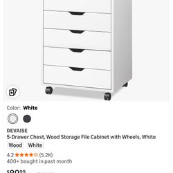 DEVAISE 5-Drawer Chest, Wood Storage File Cabinet with Wheels, White 