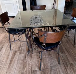 42” Square Glass-Top Metal Dining Table + 4 Chairs