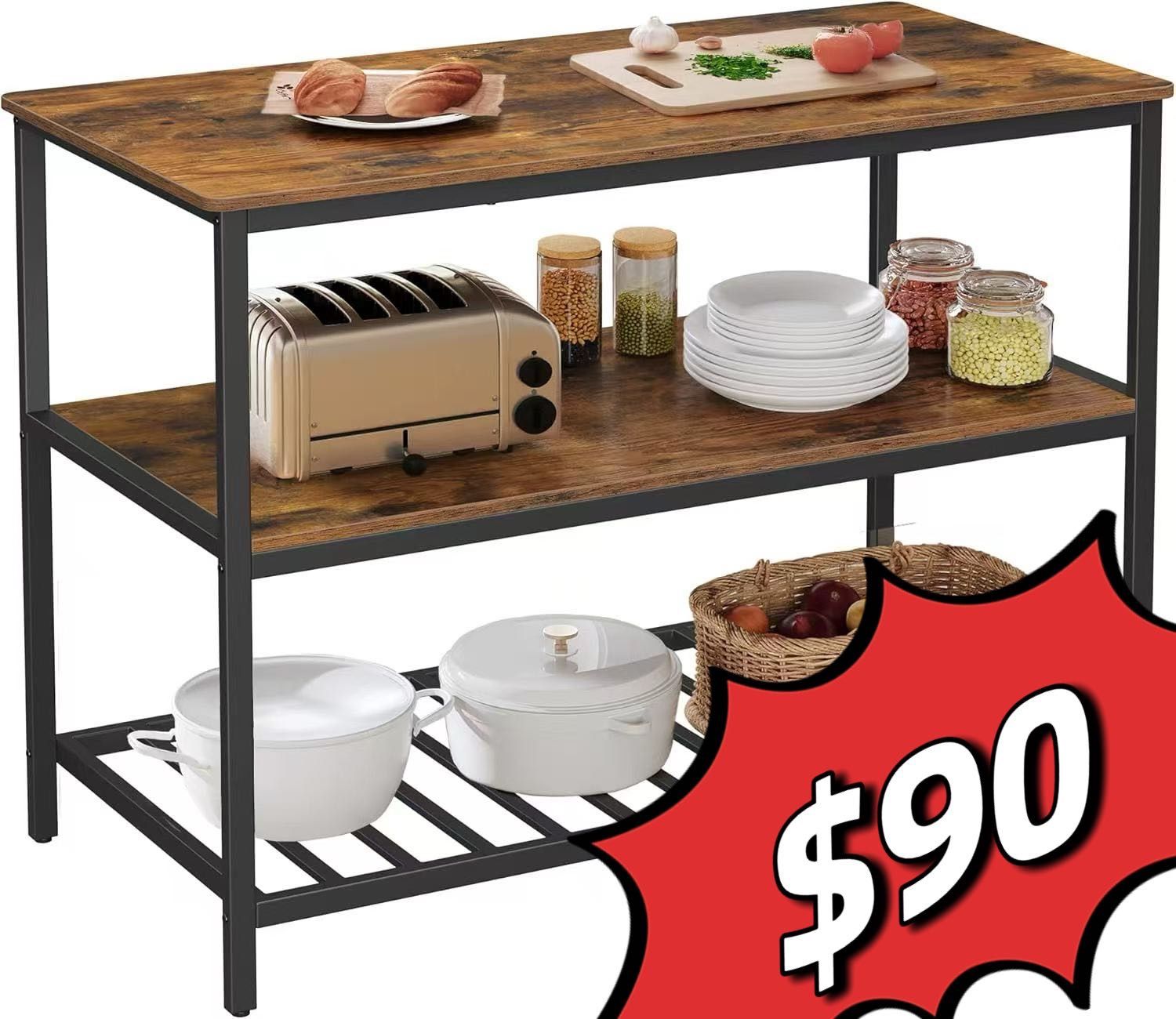 Kitchen Island with 3 Shelves, 47.2 Inches Width Kitchen Shelf with Large Worktop, Stable Steel Structure, Industrial