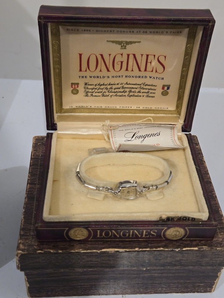 Vintage 14K White Gold Longines Ladies Watch With Diamonds
