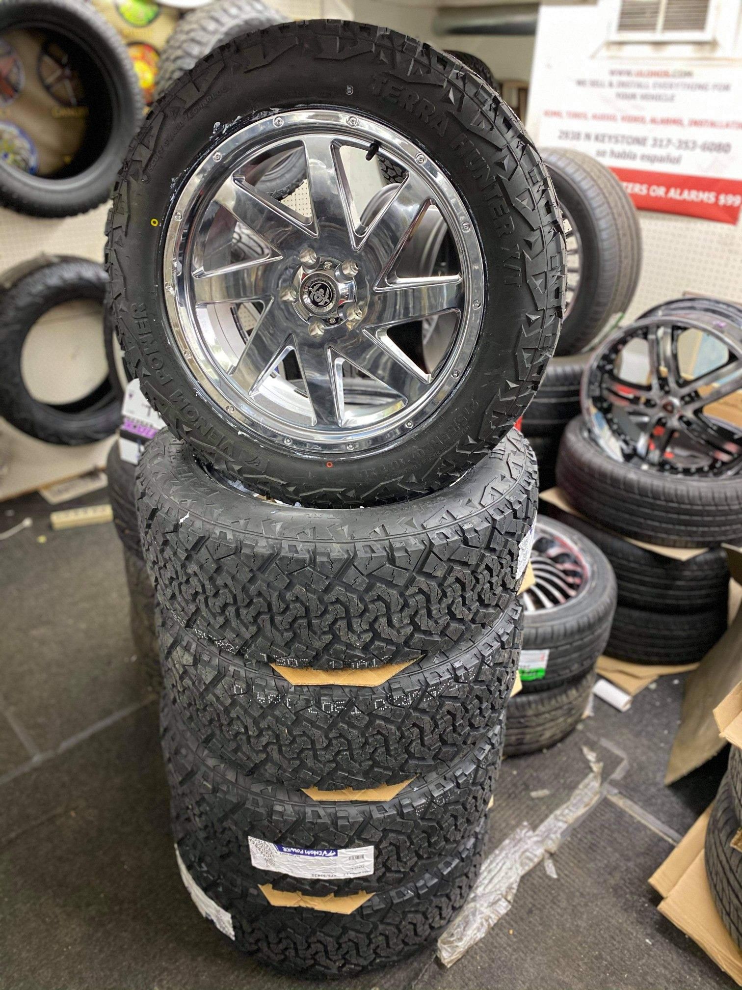 5 new chrome rims, tires, & tpms for jeep. $10 take home LAYAWAY. Ulohos 2940 N Keystone M-Sa