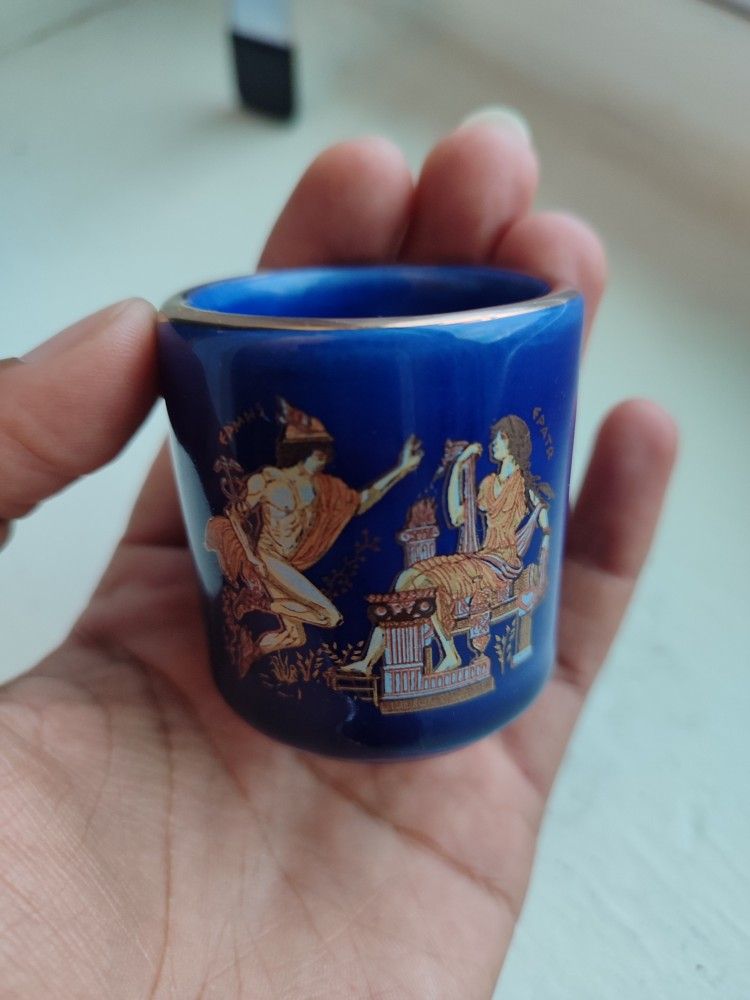Blue Cup Hand Made in Greece in 24K Gold Greek Gods Vintage