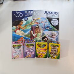 Disney 100th Anniversary Jumbo Coloring & Activity Books with Crayola Crayons Bundle - Inclusive Skin Tones, Pearl or Glitter Pack