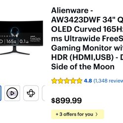 Alienware - AW3423DWF 34" QD-OLED Curved 165Hz .1-ms Ultrawide FreeSync Gaming Monitor with HDR (HDMI,USB) 