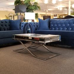 Brand New Navy Blue Or Black Velvet Modern Studded Sofa And Loveseat 2PCs Set