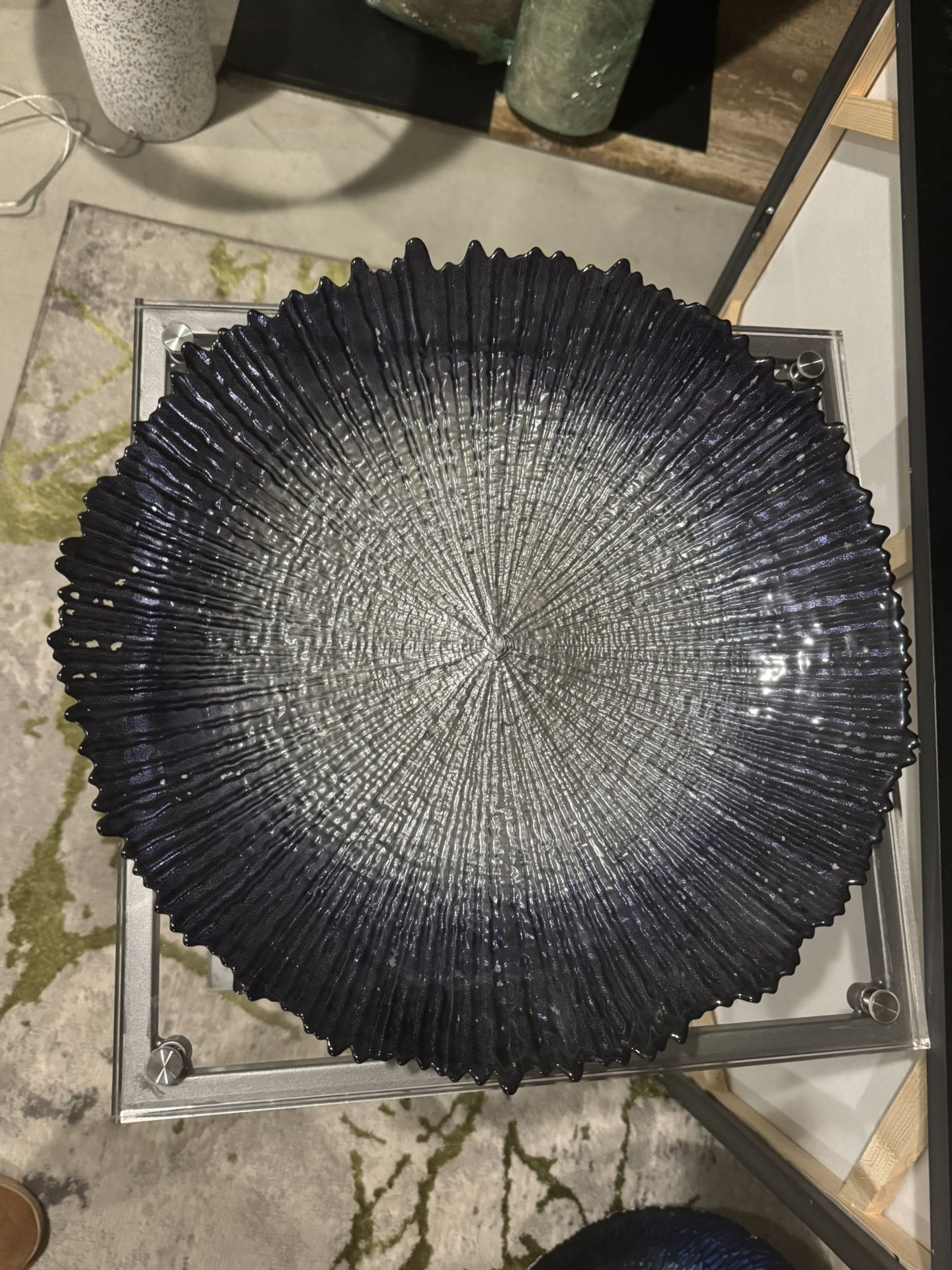 Navy Blue And Silver Glass Decorative Bowl