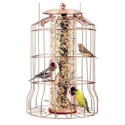 Squirrel Proof Bird Feeder for Outdoors Hanging (Metal Rose Gold) Bird Feeder with 4 Ports, Chew-Proof & Weather Resistant, Backyard Gift NEW -BRAND N