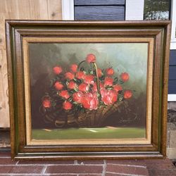 Large Vintage Oil On Canvas Framed Painting Of Florals 