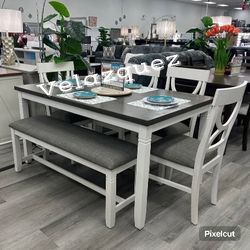 ✅️✅️(6 pc white & grey finish wood dining table set grey padded seat chairs and bench✅️✅️✅️