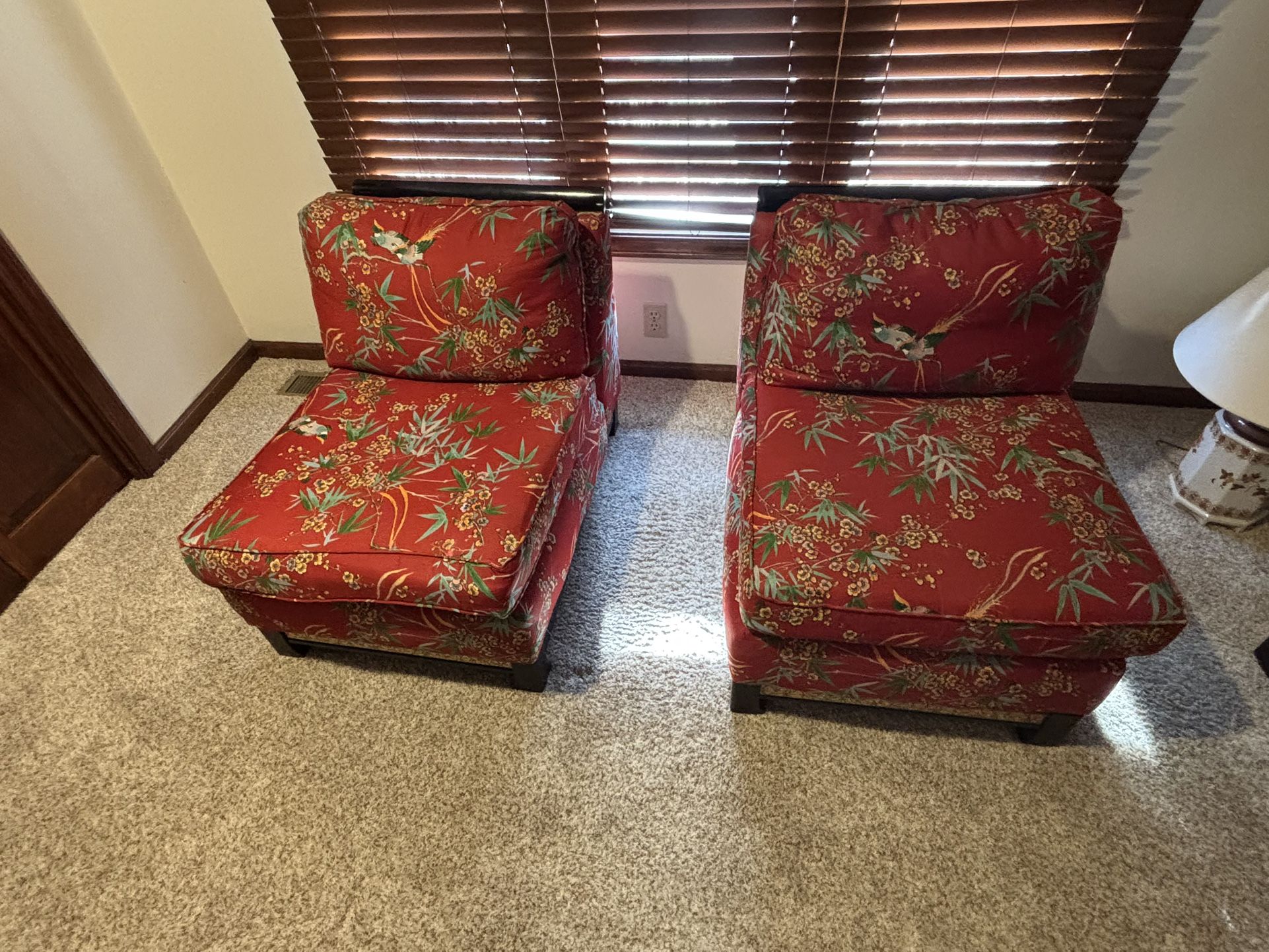 Pair of Red Armless Floral & Bird Pattern Chairs