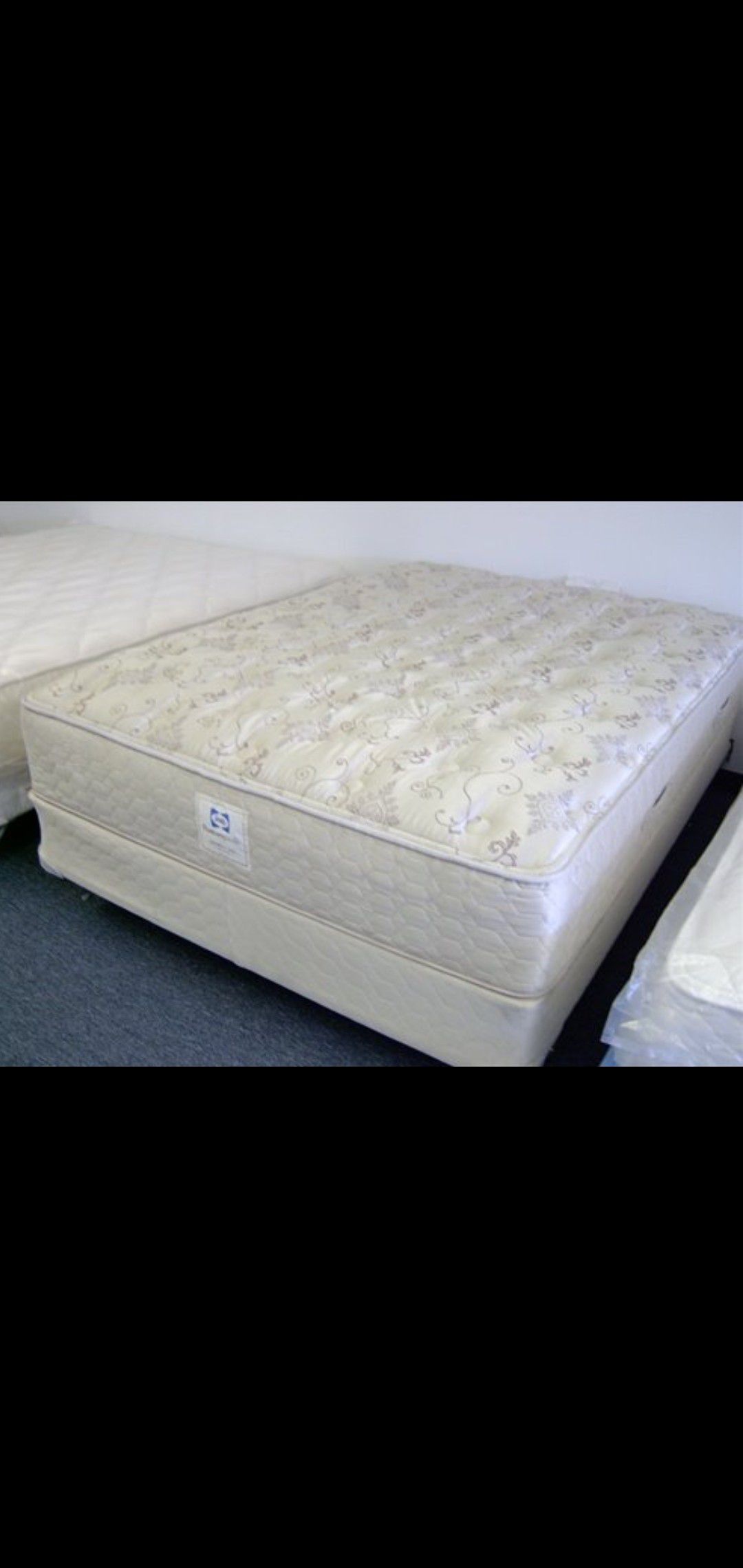 Great Queen Sealy Posturepedic Mattress, Matching Boxspring, Metal Bed Frame and Free Wood Headboard