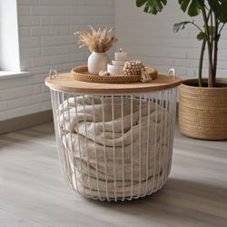 Modern Boho Wire Basket Accent Table with Wood Lid
