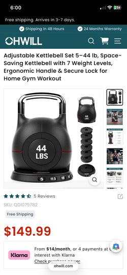 Adjustable Kettlebell Set 5–44 lb, Space-Saving Kettlebell with 7 Weight Levels, Ergonomic Handle & Secure Lock for Home Gym Workout