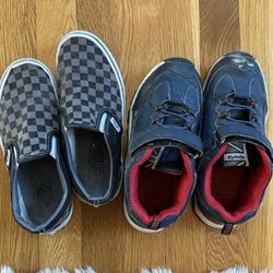 Two pairs of boys sneakers, one Vans slides