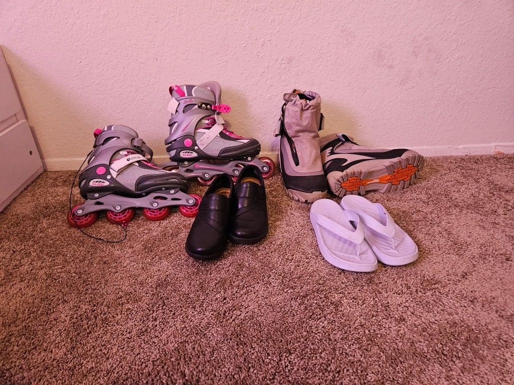 Size 8 Womens Brand New Roller Skates, Snow Boots, Crocs Slippers, and Black Shoes