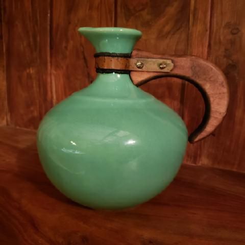 Price Drop - Vintage Bauer Pottery Plain Ware Carafe With Wood Handle 1935 Los Angeles Jade Green, Glossy Finish