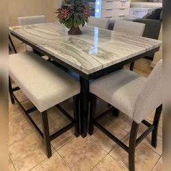 Durable faux marble modern 6 Pc counter height dining table set