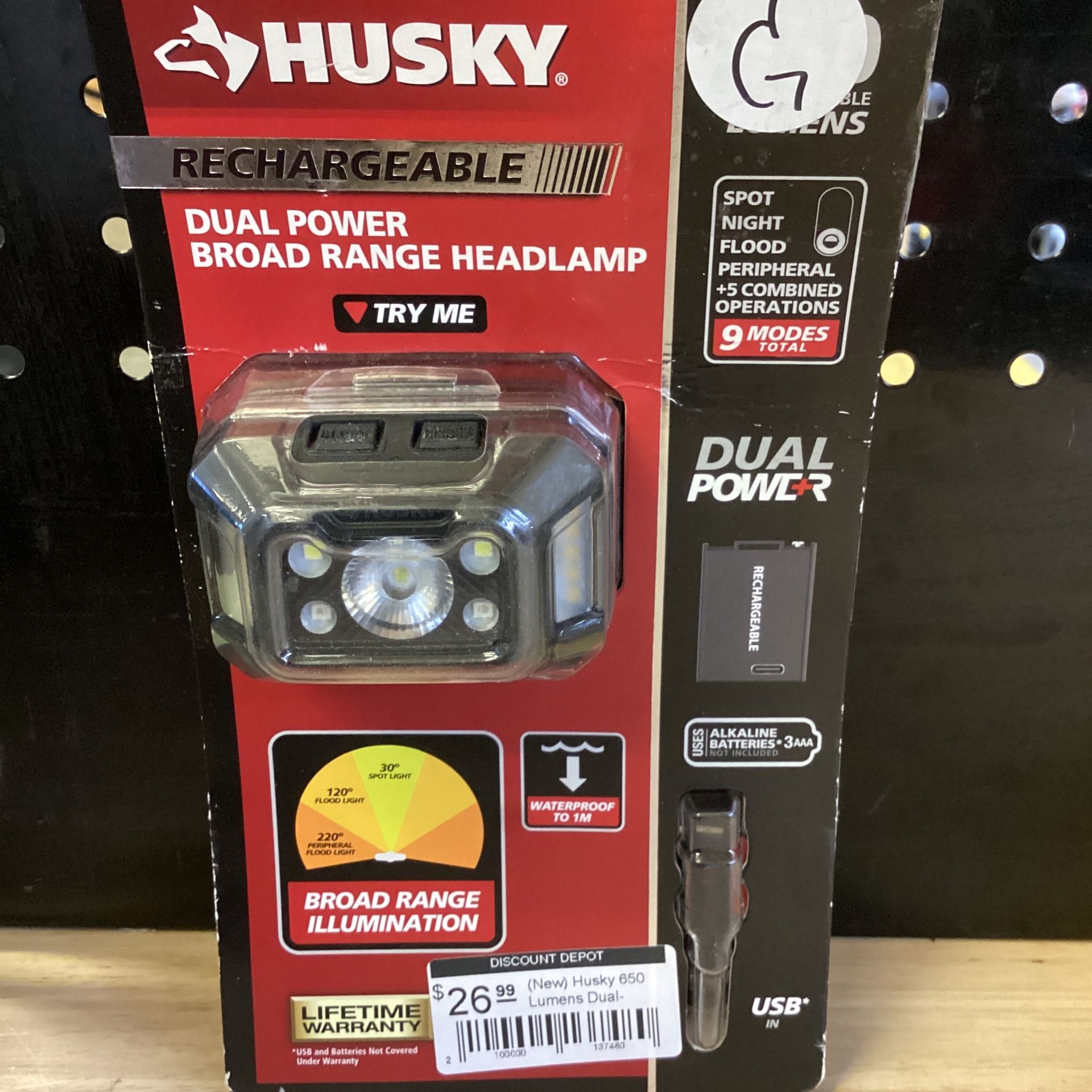 Husky 650 Lumens Dual-Power Broad Range LED Headlamp 7 Modes with USB Port and Rechargeable Battery