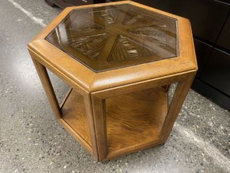 Vintage Octagonal Carved Wood & Glass Top End Table