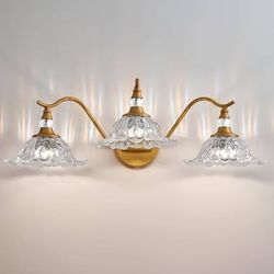 Vintage Gold Bathroom Light Fixtures - 3-Light Antique Brass,26" ,Crystal Floral clearGlass