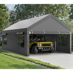 Walsunny 12x20 ft Carport Heavy Duty Canopy with Roll-up Windows Portable Garage with Removable Sidewalls & Doors Car Canopy Gray