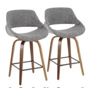 Fabrico 26 in. Walnut and Grey Fabric Counter Stool with Square Black Footrest (Set of 2)