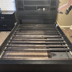 Modern Black Full-Size Bed Frame with Storage & Headboard Shelves