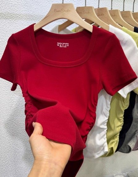 2025 Summer Collection - New Design Style Ruffled Square-neck Short-Sleeved T-Shirt for Women, Slim-Fitting, Visible Waistline, Shoulder-Encircling, R