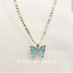 Light Blue Butterfly Necklace Laminated Gold / Oro Laminado