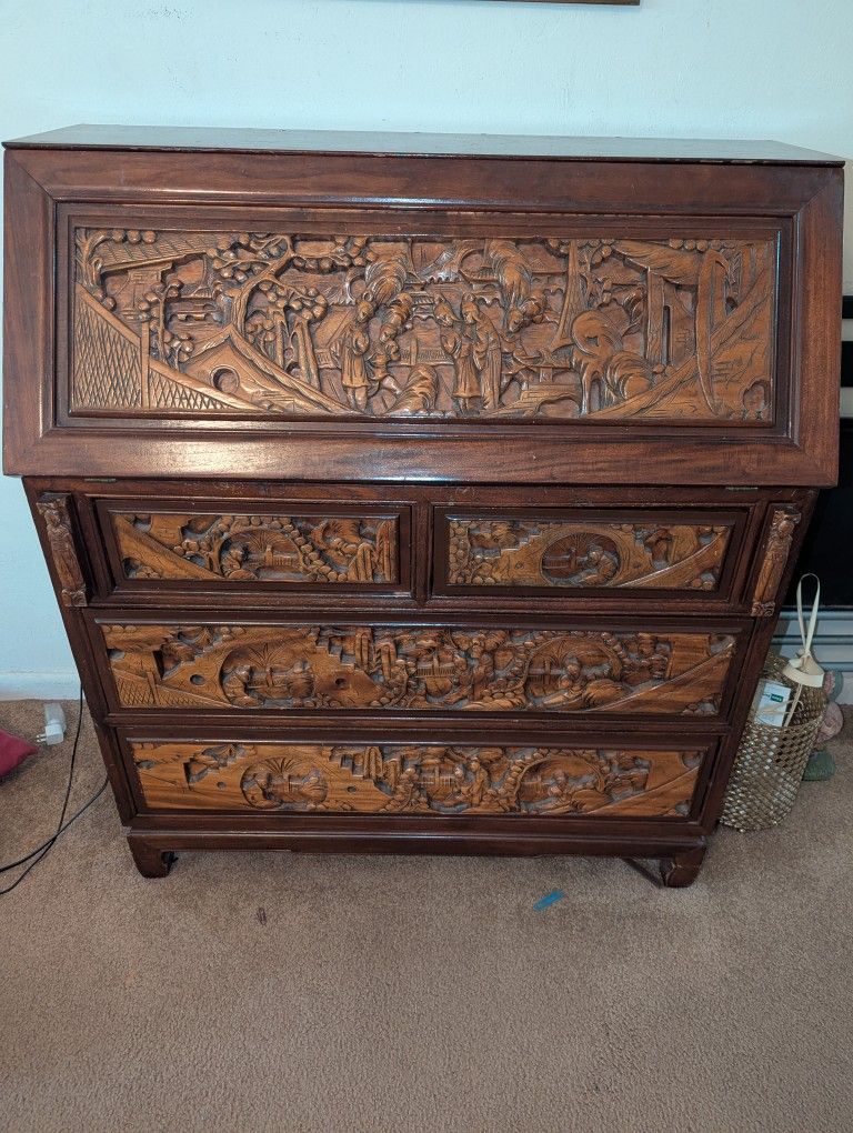 Oriental Asian Carved Drop Leaf Secretary Desk Dresser