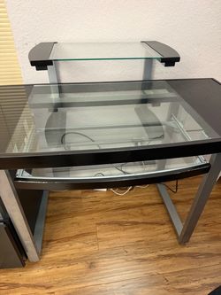 Glass Top Computer Desk with Monitor Shelf Zaa a Free chair with desk