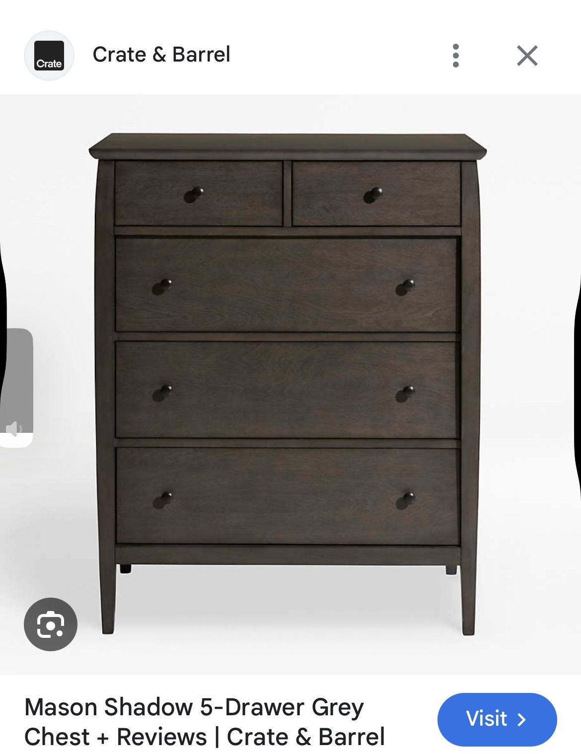 Crate & Barrel Mason 5 Drawer Dresser Shadow grey