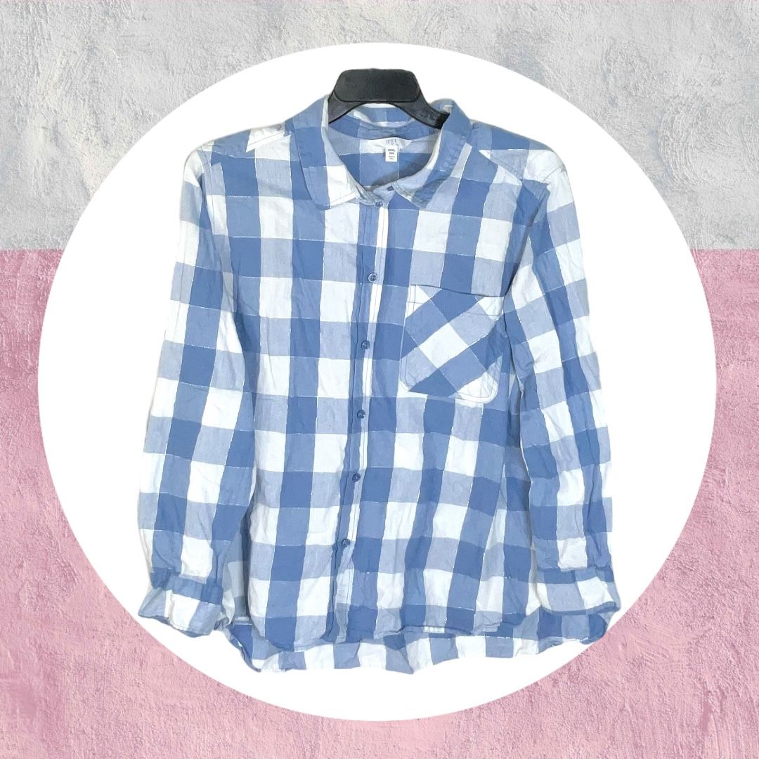 Time and Tru Blue & White Plaid w Metallic Silver Threading Button Shirt Women XXXL (22)