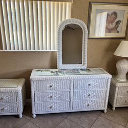 White Wicker Dresser, End Tables, Mirror And Lamp