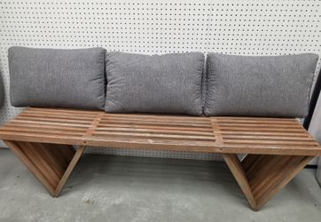 Modern Wood Slat Bench w/ 3 Gray Cushions