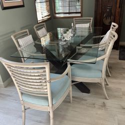 Glass Top Dining Table With Six Upholstered Painted Bamboo Chairs